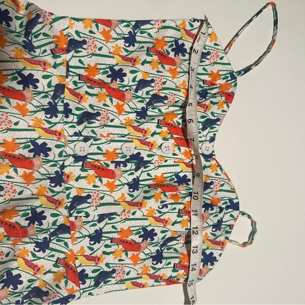 Alice + Olivia 4 Nella Sun Dress Fit Flare Bird Parrot Print Mini Button NWOT - Picture 4 of 7